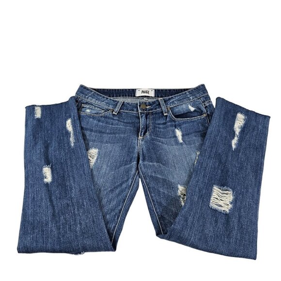 Paige Jimmy Jimmy Skinny Distressed Raw Cut-Off Hem Low Rise Blue Jeans Size 25 - Picture 6 of 16